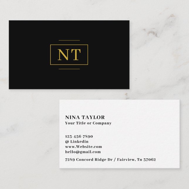 Luxe Gold 2 Initial Monogram Minimalist Svart Visitkort (Fram/baksida)