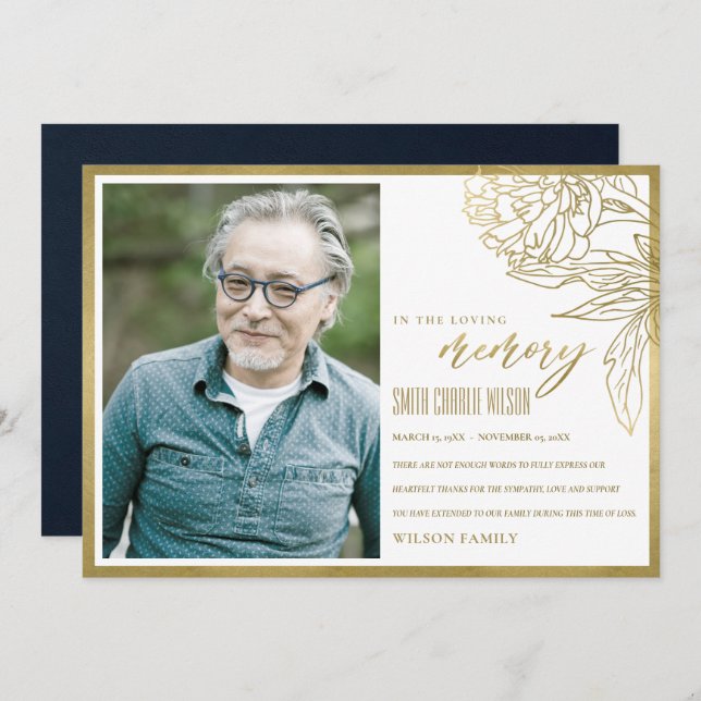 LUXE GOLD FOIL BLOMMIGT SYMPATHY MEMORIAL PHOTO TH TACK KORT (Fram/baksida)