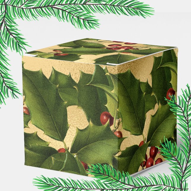 Luxe Gold Foil, Grönt Holly, Red Berries Favor Box Presentaskar (Skapare uppladdad)