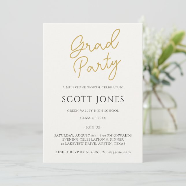 Luxe Gold Script Grad Party Invite Inbjudningar (Stående Fram)