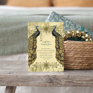 Luxe Golden Peacock Ornate bröllopsinbjudan Inbjudningar