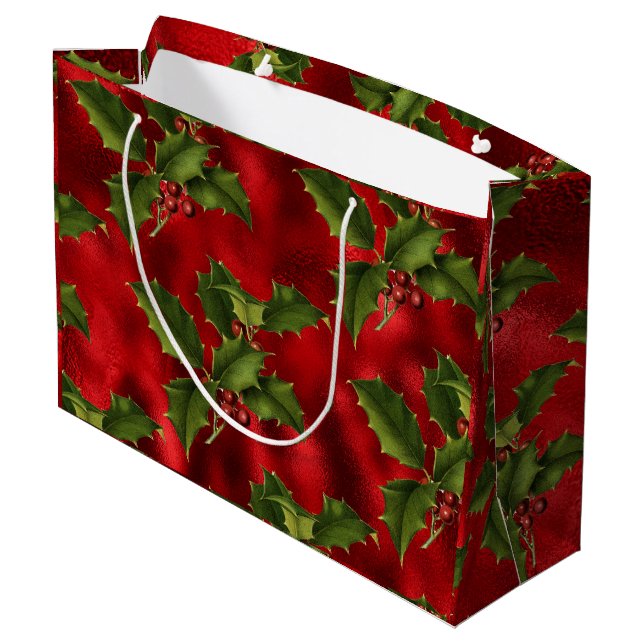 Luxe Grönt Holly, Red Berries Foil Large Gift Bag (Baksidan Vinklad)
