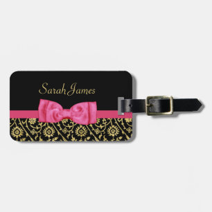 Luxe Guld Black Blommigt Damask Rosa Bow och Namn Bagagebricka