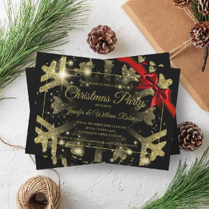 Luxe Guld Glitter Julafton Helgdag Red Ribbon Blac Inbjudningar