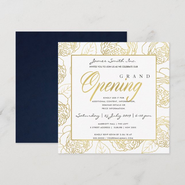 LUXE GULD NAVY ROS BLOMMIG STOR ÖPPNINGSCEREMONI INBJUDNINGAR (Fram/baksida)