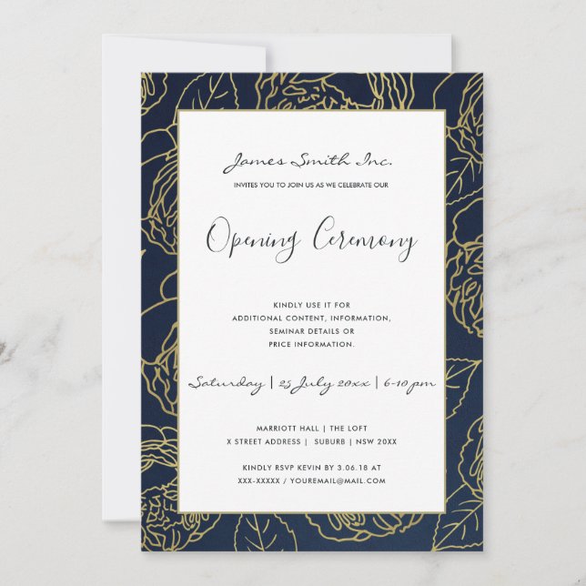 LUXE GULD NAVY ROS BLOMMIG STOR ÖPPNINGSCEREMONI INBJUDNINGAR (Framsida)