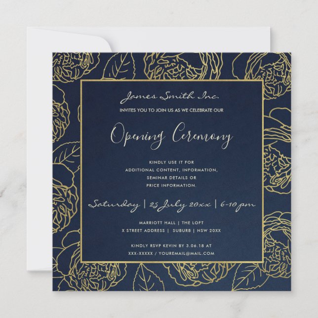 LUXE GULD NAVY ROS BLOMSTER GRAND OPENING-CEREMONI INBJUDNINGAR (Framsida)