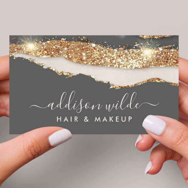 Luxe kolgrå och guldglitter trendig script visitkort (Skapare uppladdad)