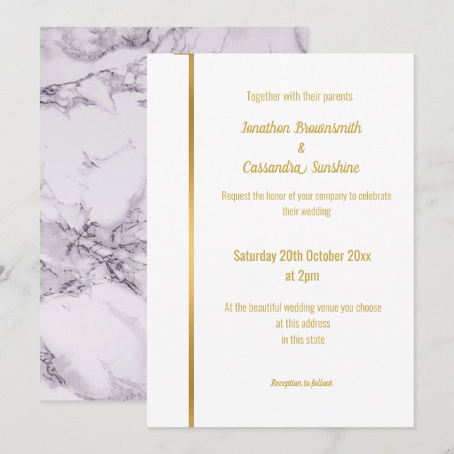 LUXE LILAC MARBLE GULD WEDTING INVITATION INBJUDNINGAR (Fram/baksida)