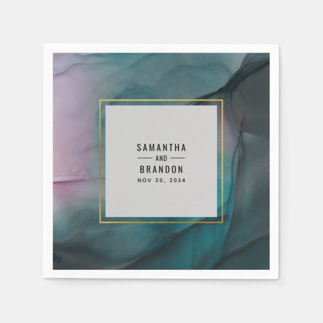 Luxe Marble Bläck Tvättar Jewel Tones Bröllop Pappersservett (Framsidan)