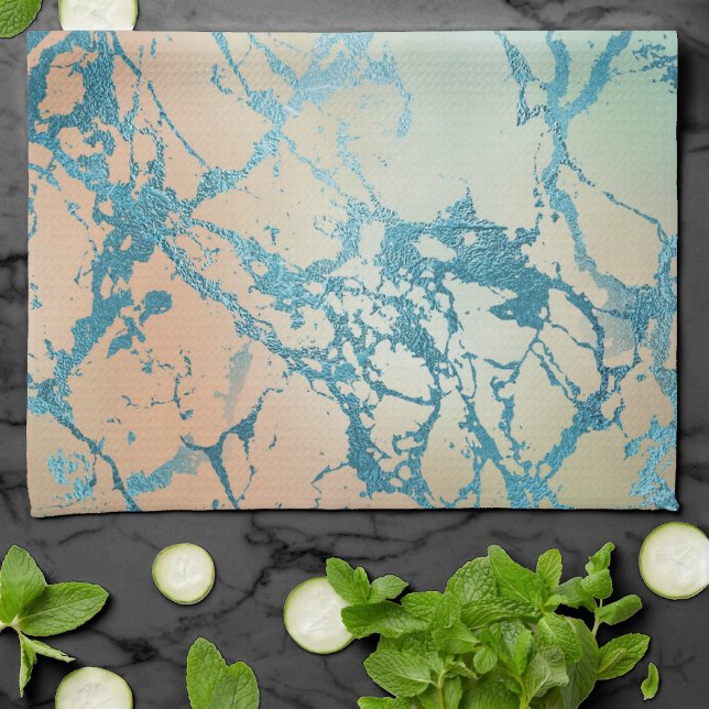 Luxe Marble | Facklig Gult och Coral Teal Vein Kökshandduk (Skapare uppladdad)