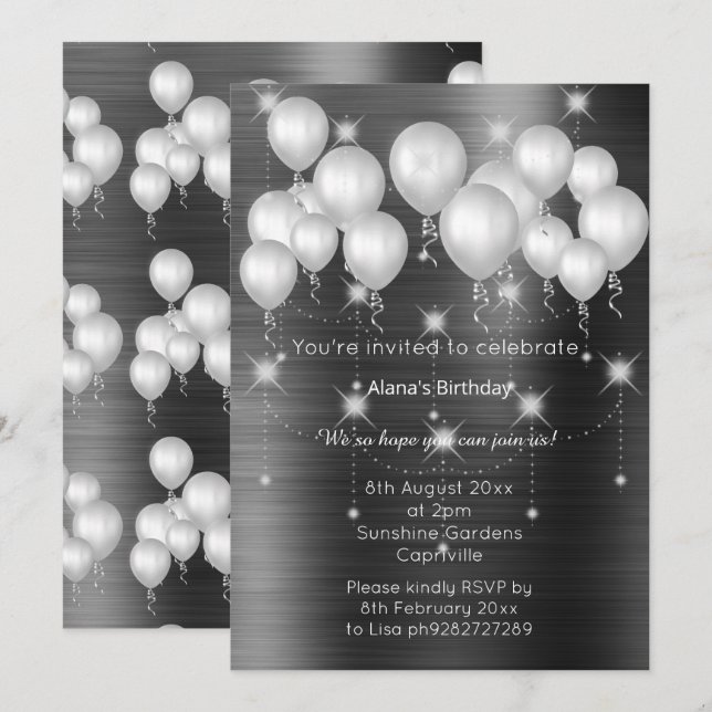 LUXE METALLIC BLACK BALLOON BIRTHDAY INVICATION INBJUDNINGAR (Fram/baksida)