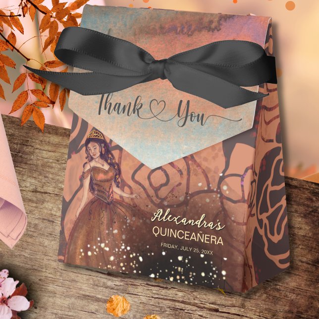 Luxe Metallisk Koppar Quinceañera Presentlåda (Elegant Vintage Copper Rose Quinceañera Favor Box)