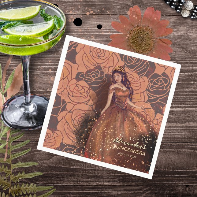 Luxe Metallisk Koppar Quinceañera Ros Pappersservett (Elegant Vintage Copper Rose Quinceañera Napkin)