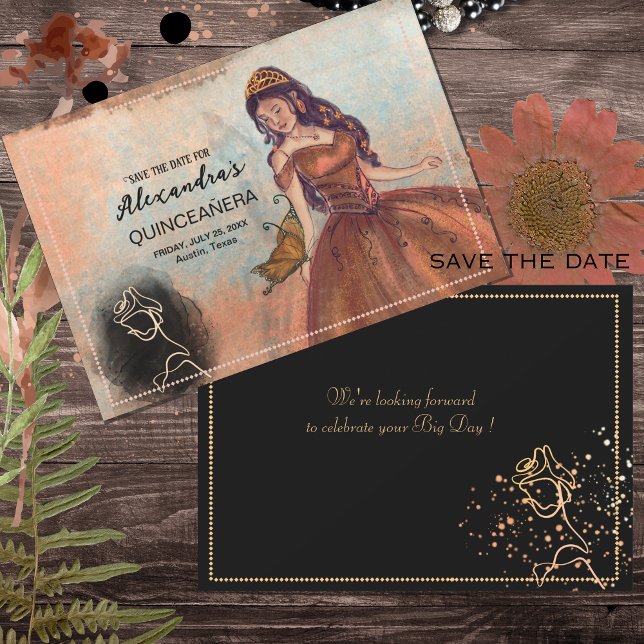 Luxe Metallisk Koppar Quinceañera Spara datumet (Elegant Vintage Copper Rose Quinceañera Save The Date)