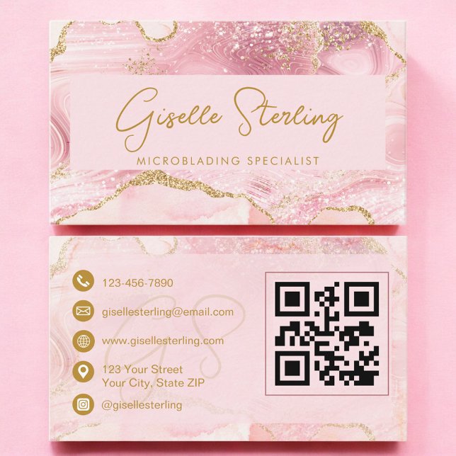 Luxe Microblading Blush Pink Gold Agate QR Code Visitkort (Skapare uppladdad)
