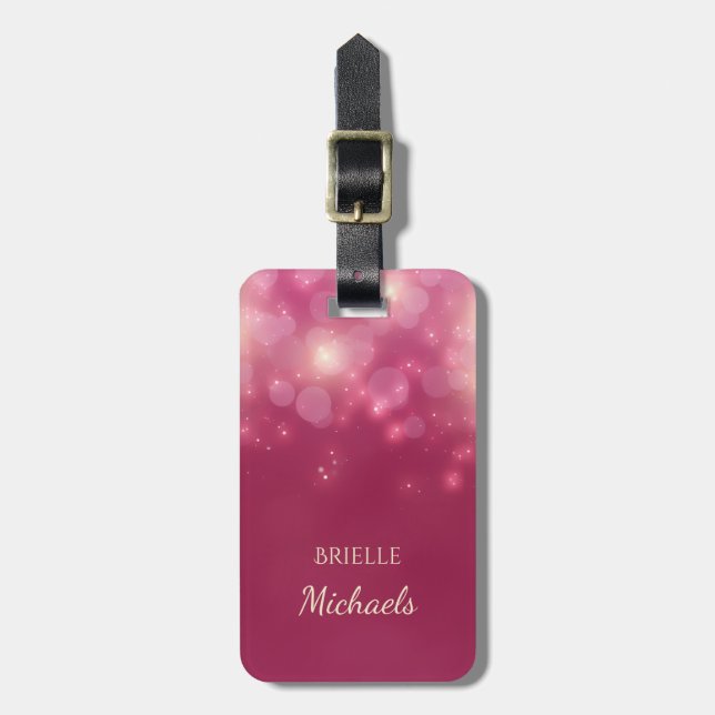 Luxe Mörk Rosa Glamora Bokeh Sparkles med Namn Bagagebricka (Vertikal Framsida)