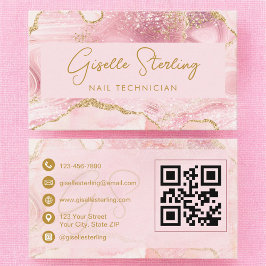 Luxe Nail Technician Blush Pink Gold Agate QR Code Visitkort