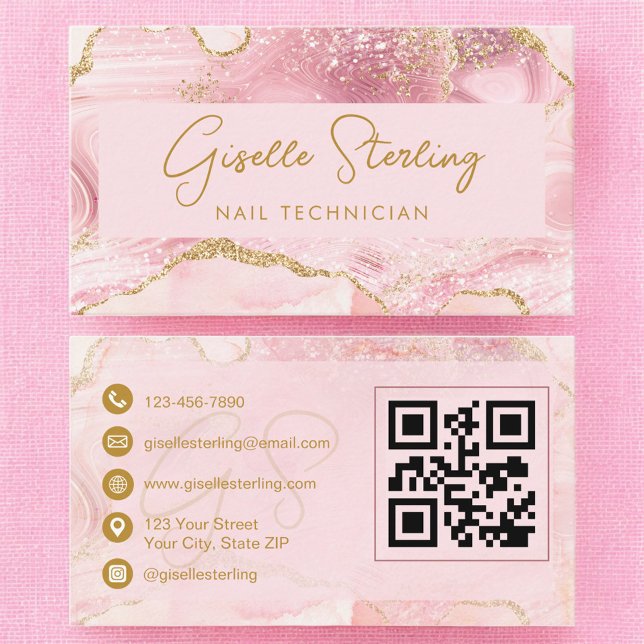 Luxe Nail Technician Blush Pink Gold Agate QR Code Visitkort (Skapare uppladdad)