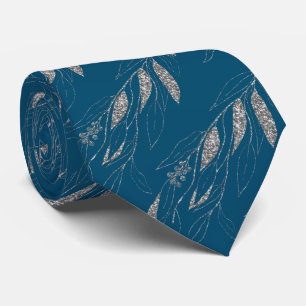 LUXE NAVY BLUE SILVER EUCALYPTUS BOTANICAL TIE SLIPS