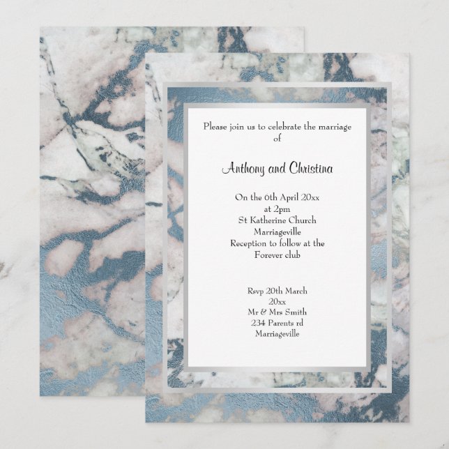 LUXE NAVY BLUE SILVER MARBLE WEDDING INVICATION INBJUDNINGAR (Fram/baksida)