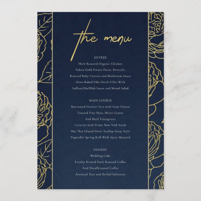 LUXE NAVY FAUX GULD KRAFT ELEGANT RO BLOMMIGT MENU MENY (Framsida)