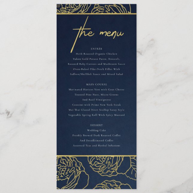 LUXE NAVY FAUX GULD KRAFT ELEGANT RO BLOMMIGT MENU MENY (Framsida)