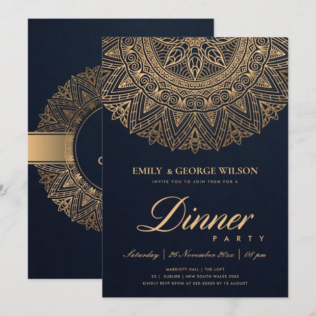 LUXE NAVY GULD CLASSIC ORNATE MANDALA DINNER PARTY INBJUDNINGAR (Fram/baksida)