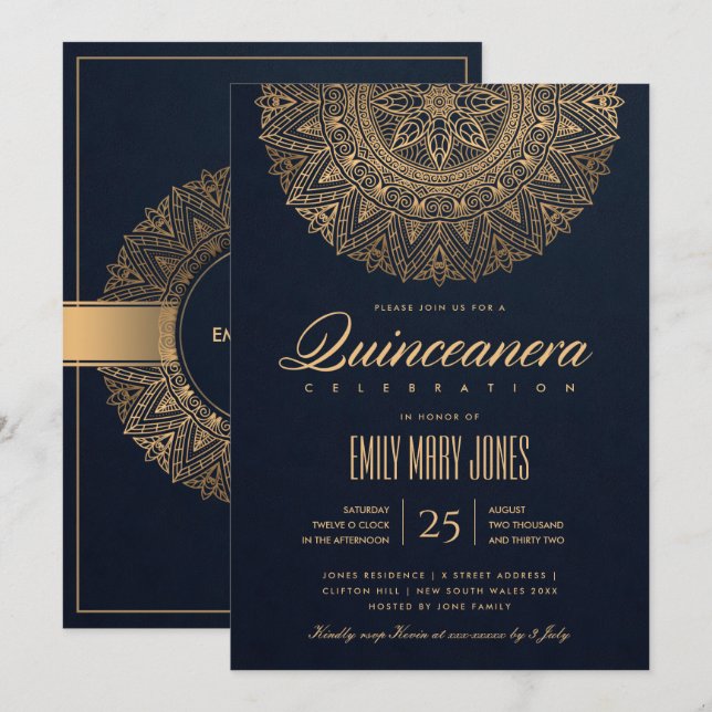 LUXE NAVY GULD CLASSIC ORNATE MANDALA QUINCEANERA INBJUDNINGAR (Fram/baksida)