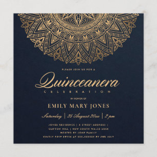 LUXE NAVY GULD CLASSIC ORNATE MANDALA QUINCEANERA INBJUDNINGAR