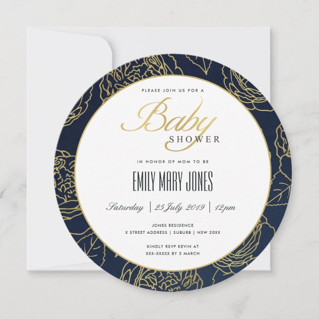 LUXE NAVY GULD ELEGANT RO BLOMMIGT BABY SHOWER INBJUDNINGAR (Framsida)