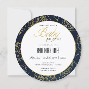 LUXE NAVY GULD ELEGANT RO BLOMMIGT BABY SHOWER INBJUDNINGAR