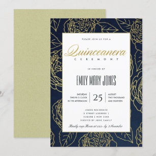 LUXE NAVY GULD ELEGANT RO BLOMMIGT QUINCEANERA INBJUDNINGAR
