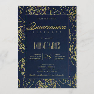 LUXE NAVY GULD ELEGANT RO BLOMMIGT QUINCEANERA INBJUDNINGAR