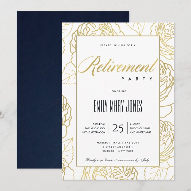 LUXE NAVY GULD ELEGANT ROS BLOMSTER PENSIONERING INBJUDNINGAR (Fram/baksida)