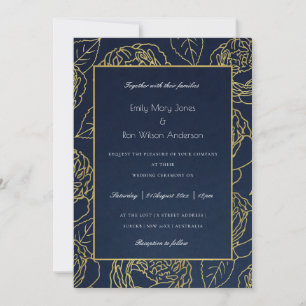 LUXE NAVY GULD KRAFT ELEGANT RO BLOMMIGT BRÖLLOP INBJUDNINGAR