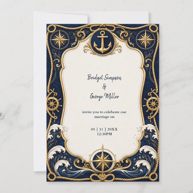 Luxe Navy Guld Marin Bröllopsankare Inbjudningar (Framsida)