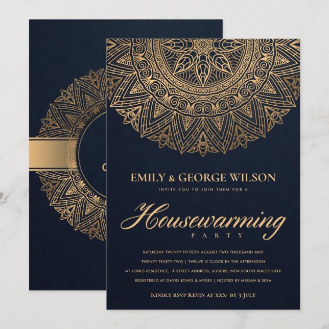 LUXE NAVY GULD ORNATE MANDALA HOUSEWARMING PARTY INBJUDNINGAR (Fram/baksida)