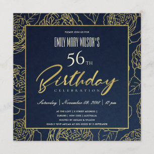 LUXE NAVY GULD RO BLOMMIGT ANY AGE BIRTHDAY INBJUDNINGAR