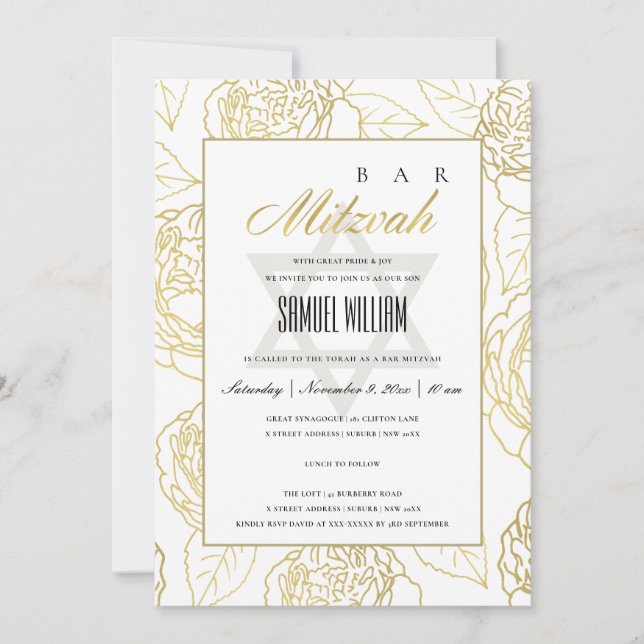 LUXE NAVY GULD RO BLOMMIGT FLADDERMUS PUB MITZVAH  TACK KORT (Framsida)
