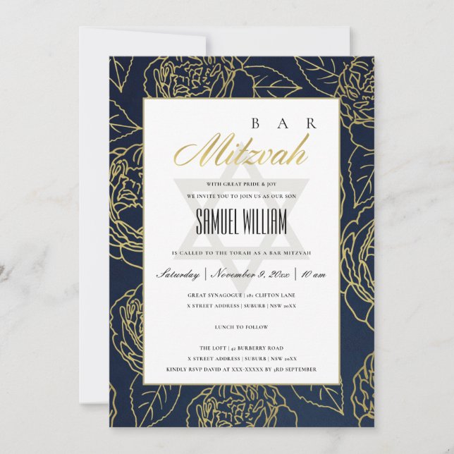 LUXE NAVY GULD RO BLOMMIGT FLADDERMUS PUB MITZVAH  TACK KORT (Framsida)