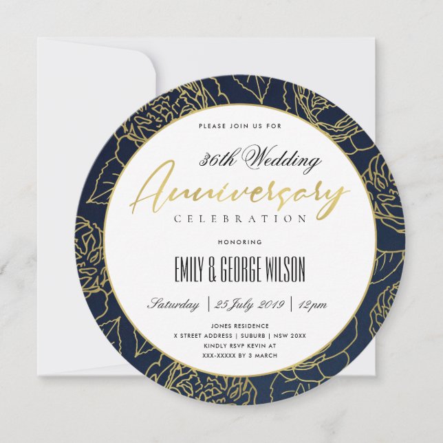LUXE NAVY GULD RO BLOMMIGT VARJE ÅR INBJUDNINGAR (Framsida)