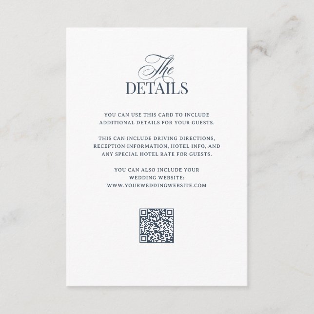 Luxe Navyblå | QR-kod Detaljer om bröllopsgäst Tilläggskort (Framsida)