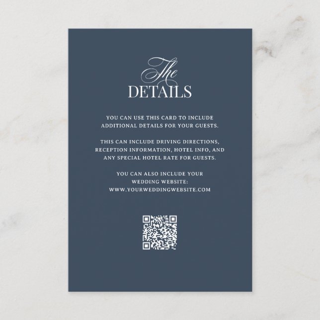 Luxe Navyblå | QR-kod Gästinformation för Bröllop Tilläggskort (Framsida)