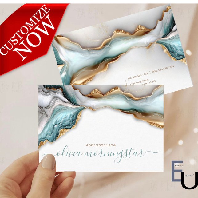 Luxe Opal Teal Guld Fluid Alkoholbläck Visitkort (Skapare uppladdad)