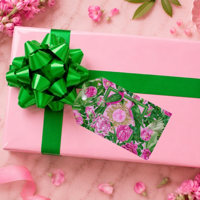 Luxe Opulent Rosa Grön Tropisk Botanisk  Presentetikett (Chic Vibrant Garden Botanicals Pink and Green Gift Tag )