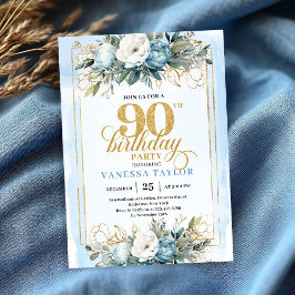 Luxe pale blue gold detailing 90th birthday invite inbjudningar