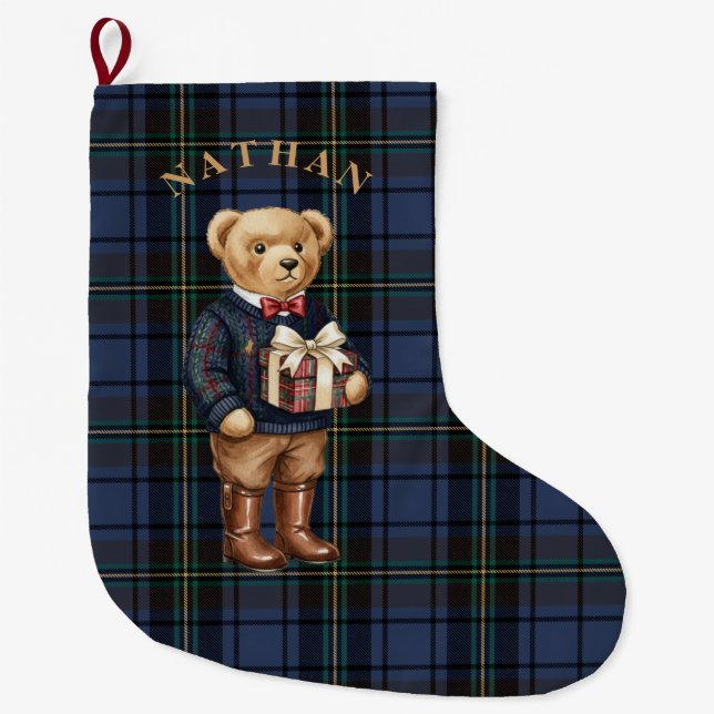 Luxe Preppy Plaid Christmas Teddy Bear Photo Card Stor Julstrumpa (Framsidan)