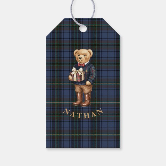 Luxe Preppy Plaid Christmas Teddy Bear Presentetikett (Framsidan)