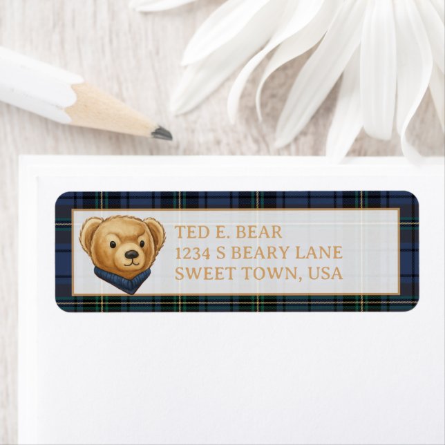 Luxe Preppy Plaid Christmas Teddy Bear Returadress Etikett (Insitu)